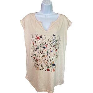 Womens T-Shirt L Floral Print Beige Cap Sleeve V-Neck Lagenlook Cottagecore